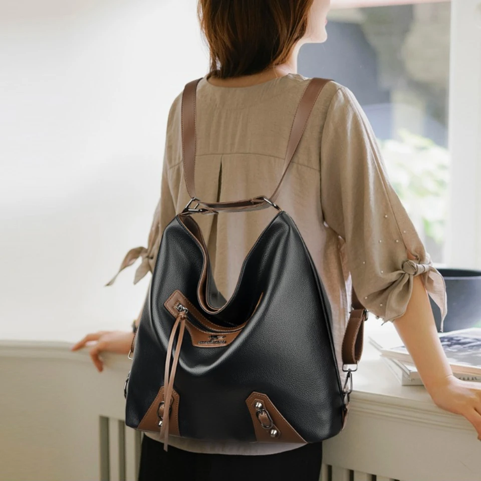 2-in-1 Convertible Hobo Backpack Women's Large Capacity PU Leather Crossbody Shoulder Bag Contrast Daily Casual Tote Purse New