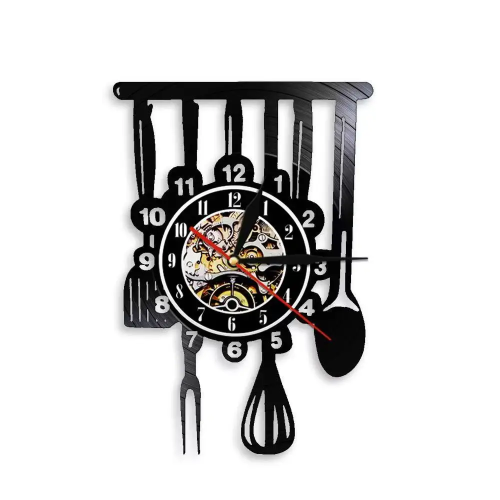 LED Backlit Kitchen Wall Clock Vinyl Record Design with Cutlery Fork Spoon Chef Cook Theme Night Light for Restaurant Cafe Decor