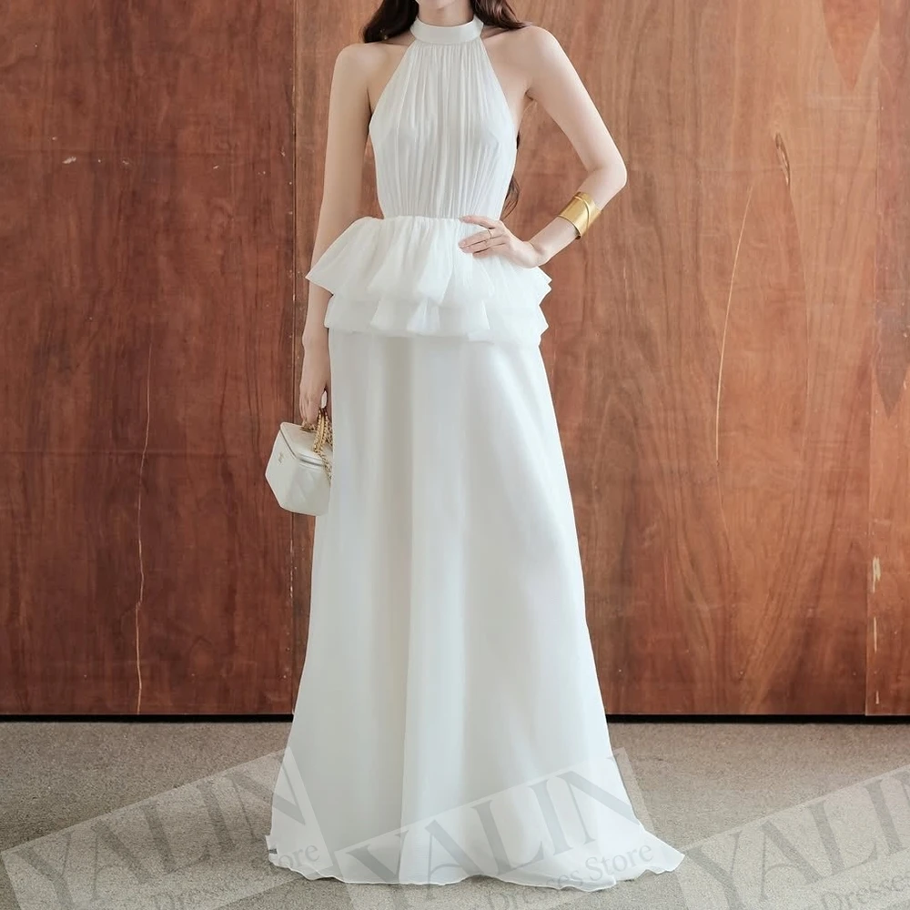 

Women's A-line Evening Dresses Floor-length High-neck Sleeveless Prom Dresses Simple Fashion Draped Casual Customized Gowns