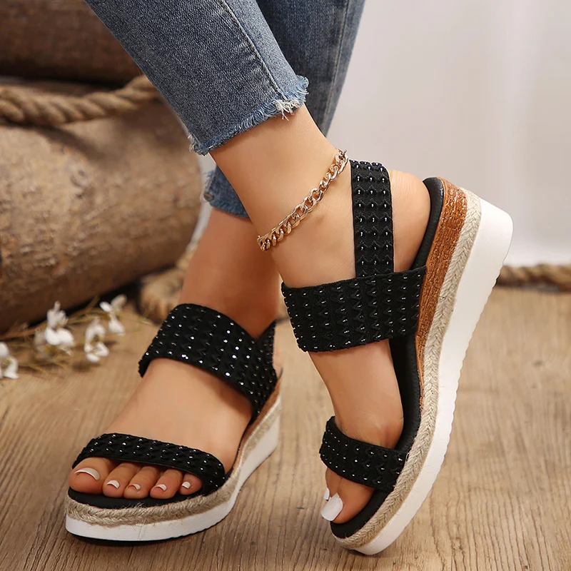 Ladies Wedge Sandals 2024 Summer Fashion Sequined Cloth Platform Sandals Woman Comfortable Light Non-Slip Casual Beach Sandalias