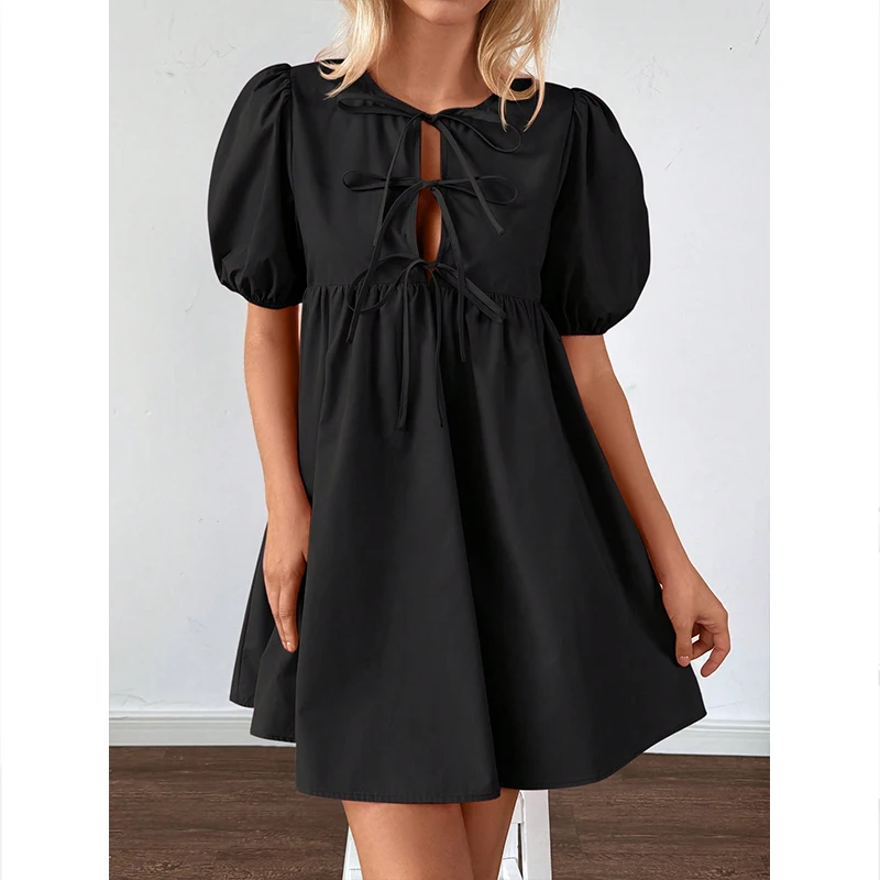 

Boho Sundress Womens Dresses Casual Summer Lace-up Dress O Neck Short Sleeve Party Dress Fashion Loose Black Mini Dress Vestidos