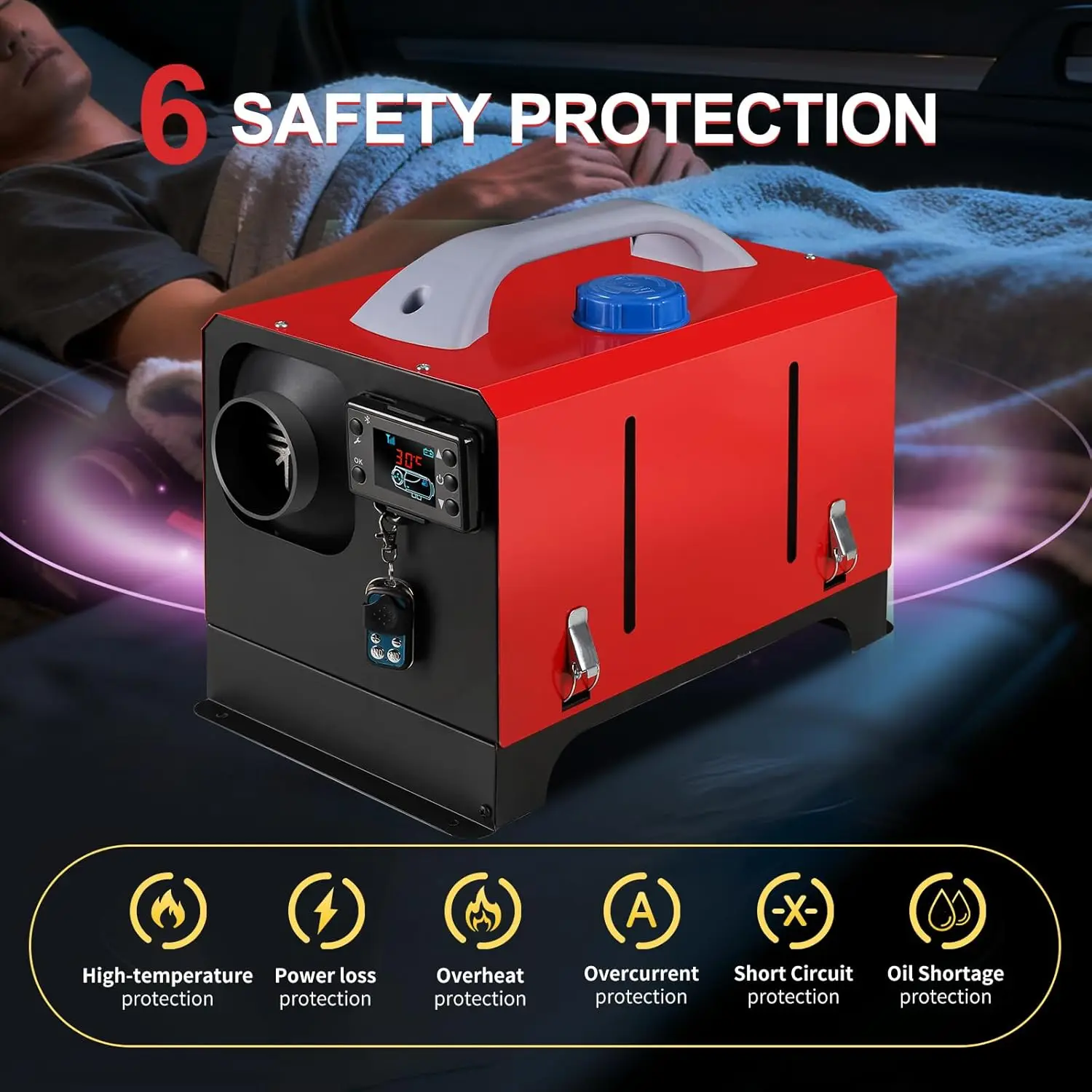 سخان ركن السيارة 8 كيلو وات 12 فولت/24 فولت مع التحكم في التطبيق، شاشة LCD، بدء/إيقاف تلقائي لقارب فان التخييم RV (أفقي أحمر)