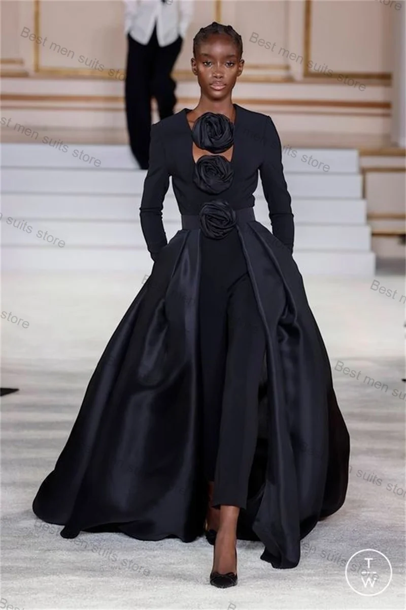 Designer Black Women Suit Set 2 Piece Blazer+Pants Jacket With Long Train 3D Flower Wedding Tuxedo Custom Made Formal Prom Coat