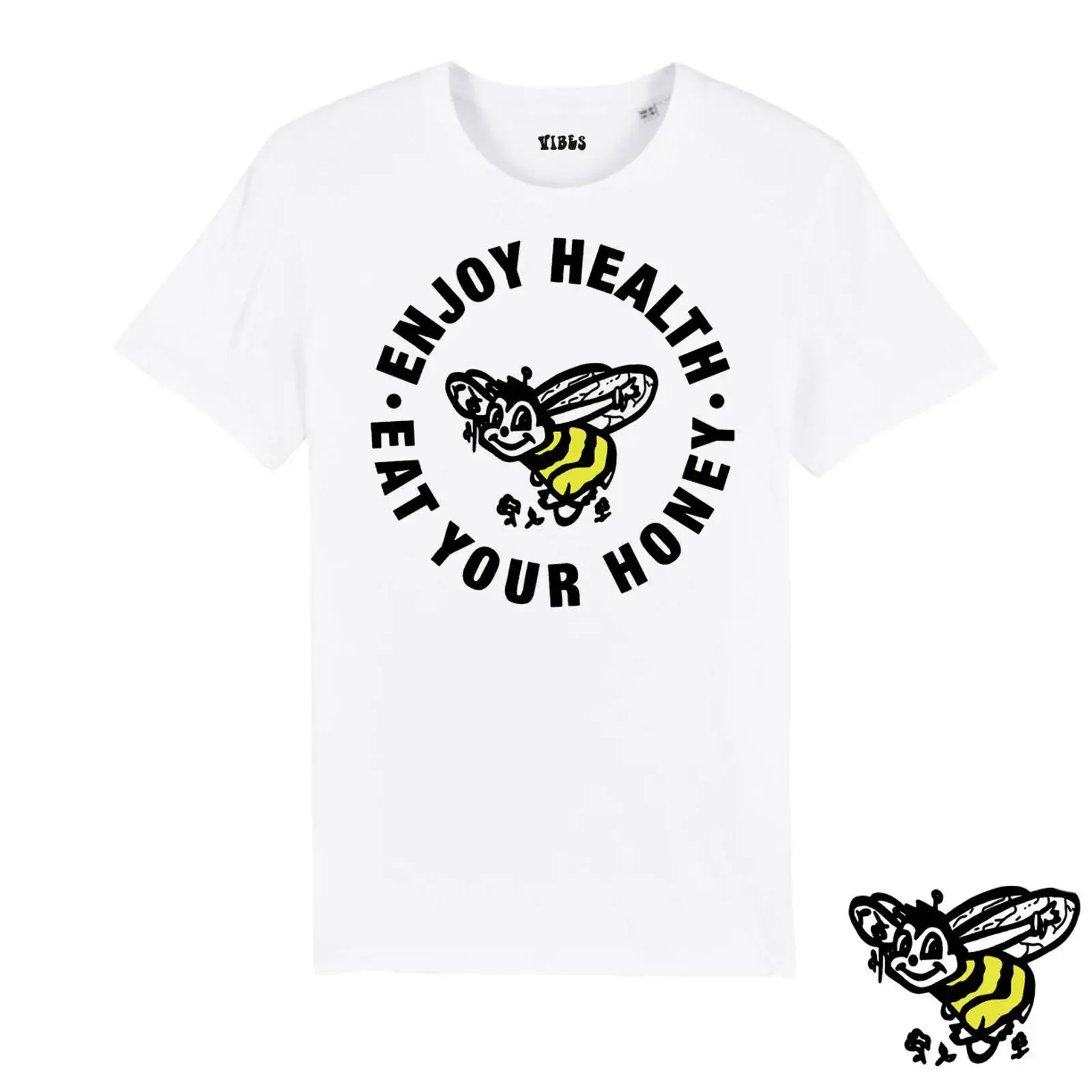 May include White t shirt with a black circle graphic featuring cartoon bee and the text Enjoy Health Eat Your Honey vintage