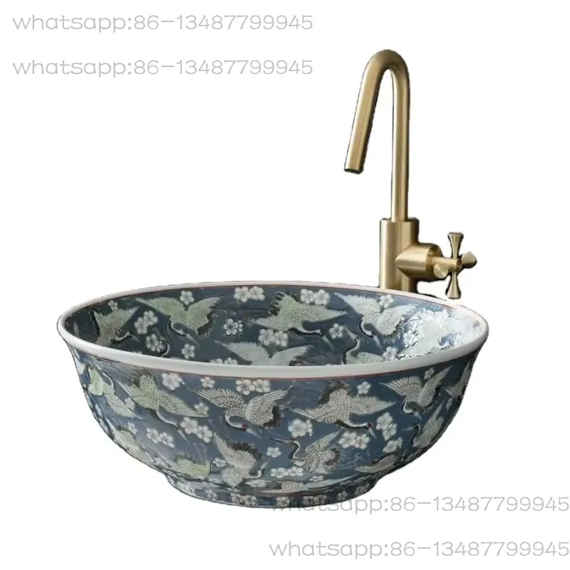 High-end retro ceramic hand-painted crane art basin round countertop household washbasin