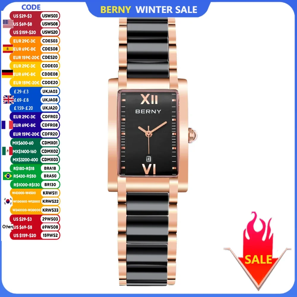 BERNY Women Watches Calendar Rectangle Luxury Fashion Casual Ceramic Watch for Ladies Elegant Waterproof Quartz Wristwatch