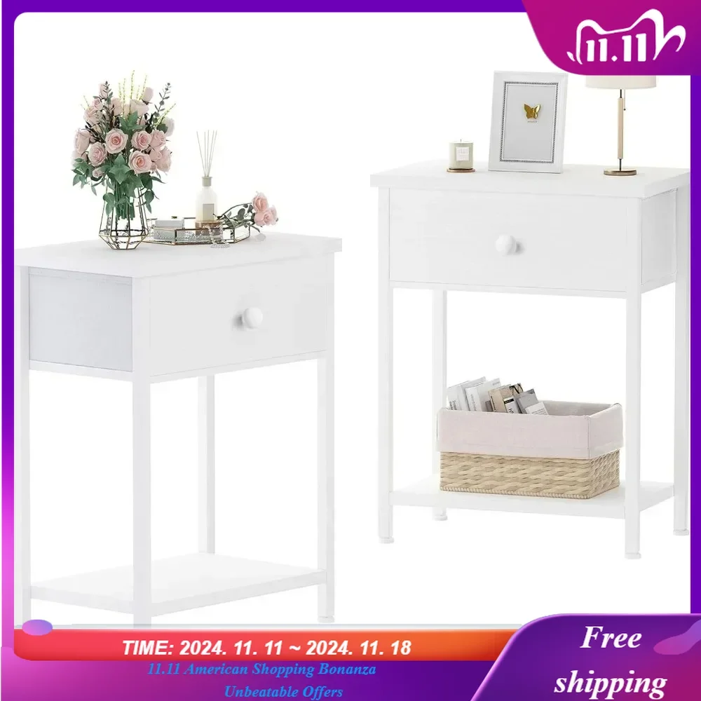 

White Nightstands Set of 2, Small Night Stand with Drawer and Shelf Storage End Table for Bedroom