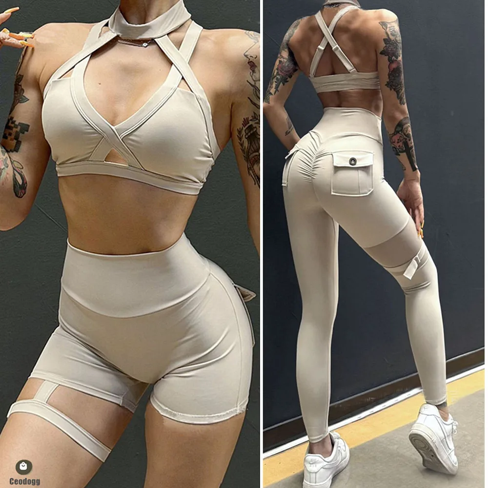 2024 Halter Mesh Buckle Women Sportswear Yoga Set Cross Bra Workout Athletic Wear Gym Scrunch Shorts Fitness Bra Yoga Suit