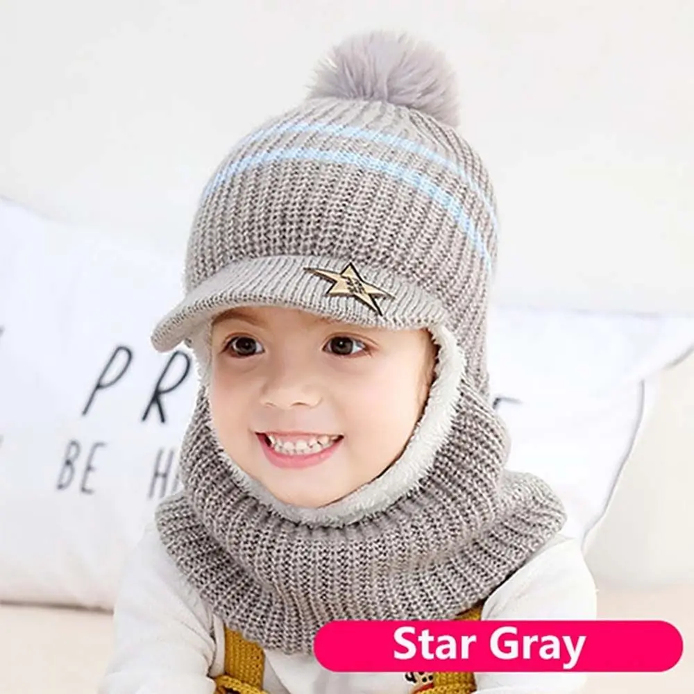 

Girls Boys Warm Fleece Lining With Scarf Full Face Cover Neck Warmer Caps Children Winter Hats Knitting Hat Baby Bonnet