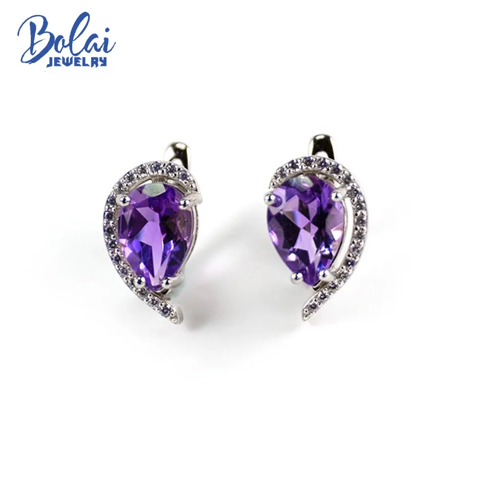 

Bolai Pear 10*7mm Natural Amethyst Stud My Heart Clasp Earrings Real 925 Sterling Silver Jewelry for Woman Girls Simple Gift