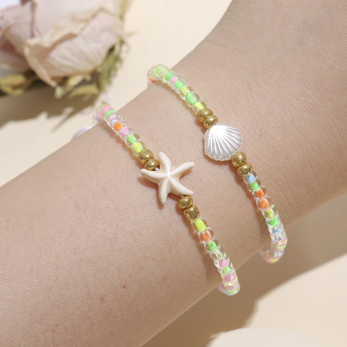 Mode 12 teile/satz Shell Seestern Charms Armband Set Bunte Harz Perlen Einstellbare Seil Armband Für Frauen Schmuck Geschenke