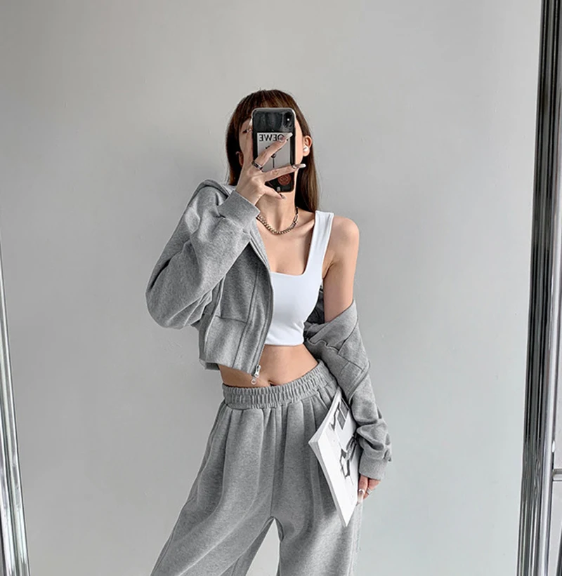 Women Cropped Hoodie Two Way Zipper Jacket Drawstring Hem Sweatshirt Slim Fit Long Sleeve Grey Athletic Yoga Gym Running Top