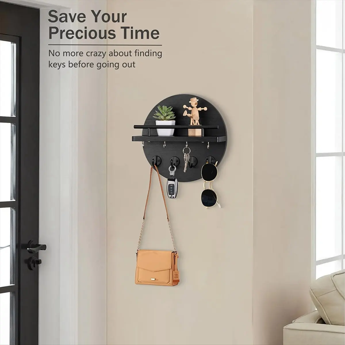 A67T NEW Key Holder Wall Mount, Decorative Key Rack with Hooks and Shelf, Wood, Black