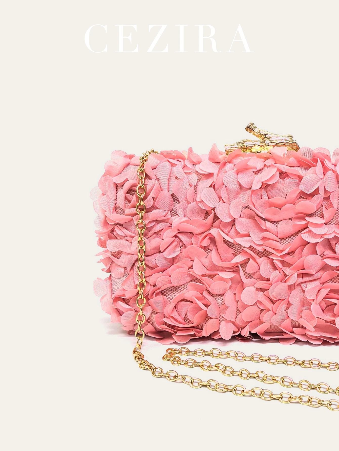 CR Women's Romantic Sweet Petals Clutch Fabric Floral Applique Metal Frame Box Chain Evening Bag Wedding Party Dinner Banquet