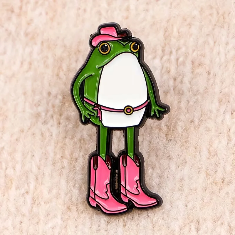 Pin de esmalte Cowboy Frog - Diseño adorable de sombrero vaquero rosa, botas y hebilla de cinturón estilo western - Broche de esmalte duradero