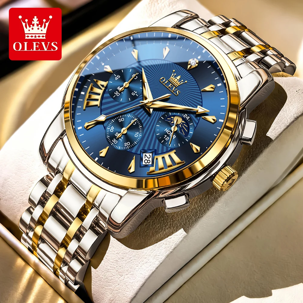 OLEVS 2892 Original Quartz Movement Men Watch 24-hour Moon Phase Timing Function Calendar Window Night Light Function 30m Waterproof Watch For Men