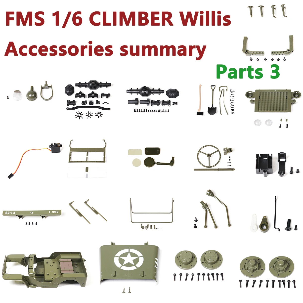 FMS 1/6 wspinacz Willis RC samochód zapasowy wahacz przedni i tylny most rama okienna HD lusterko reflektor części obudowy 3