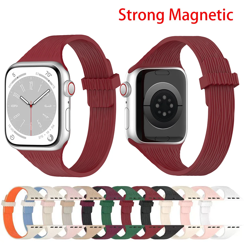 

Watch Strap for Apple Watch All Series 38 40 41 42 44 45 46 49mm Strong Magnetic Water Wood Pattern Slim Silicone Watchband
