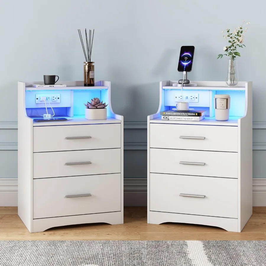 White Nightstand with 3 Drawers Nightstand Set of 2 with Led Light Power Strip Night Stand for Bedroom Bed Side Table with Char