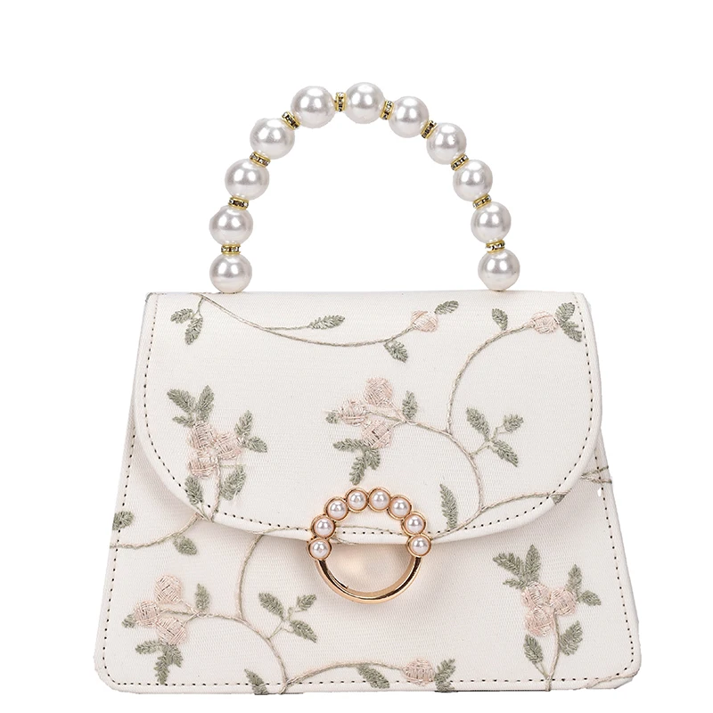 Women Crossbody Bag Flower Embroidery Pearl Chain Decor Pu Leather Female Shoulder Bag Spring Summer Fashion Flap Handbag