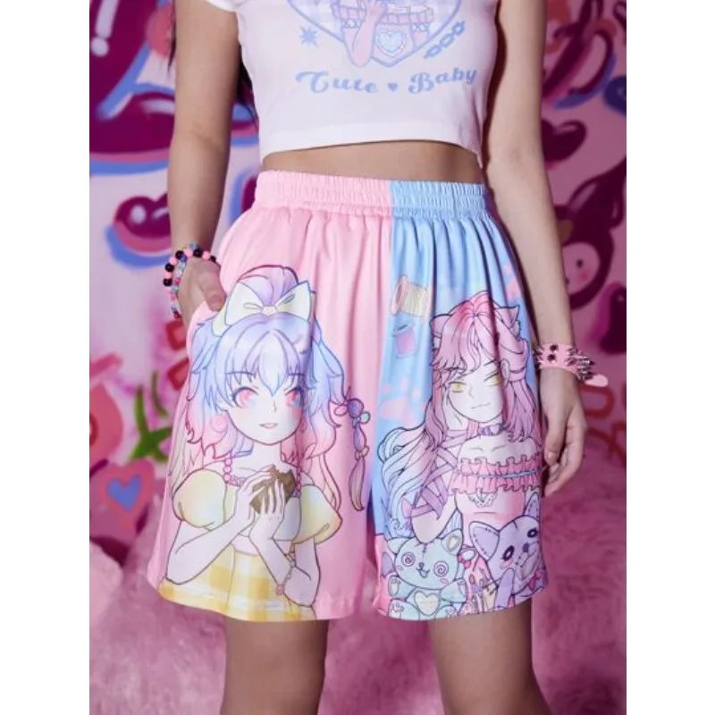 Adult and Kids Cyberpunk Girl Shorts Neon Macaron Color-Block 3D Print Street-Style Casual Sports Y2K Pants