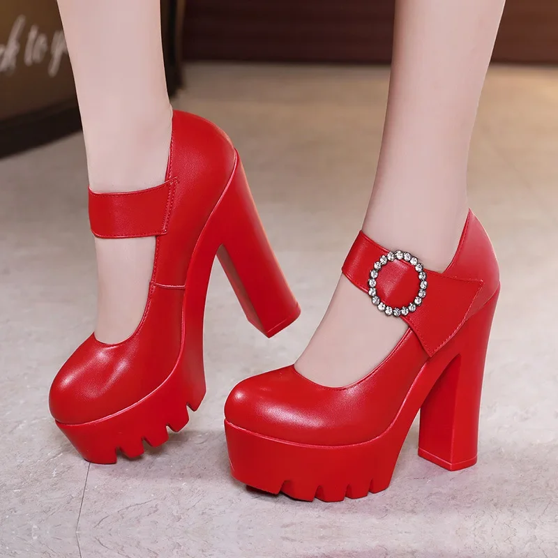 13cm Small Size Shallow Red White Wedding Shoes Thick Bottom Platform Pumps 2024 Fall Womens Block High Heels Shoes Model Party