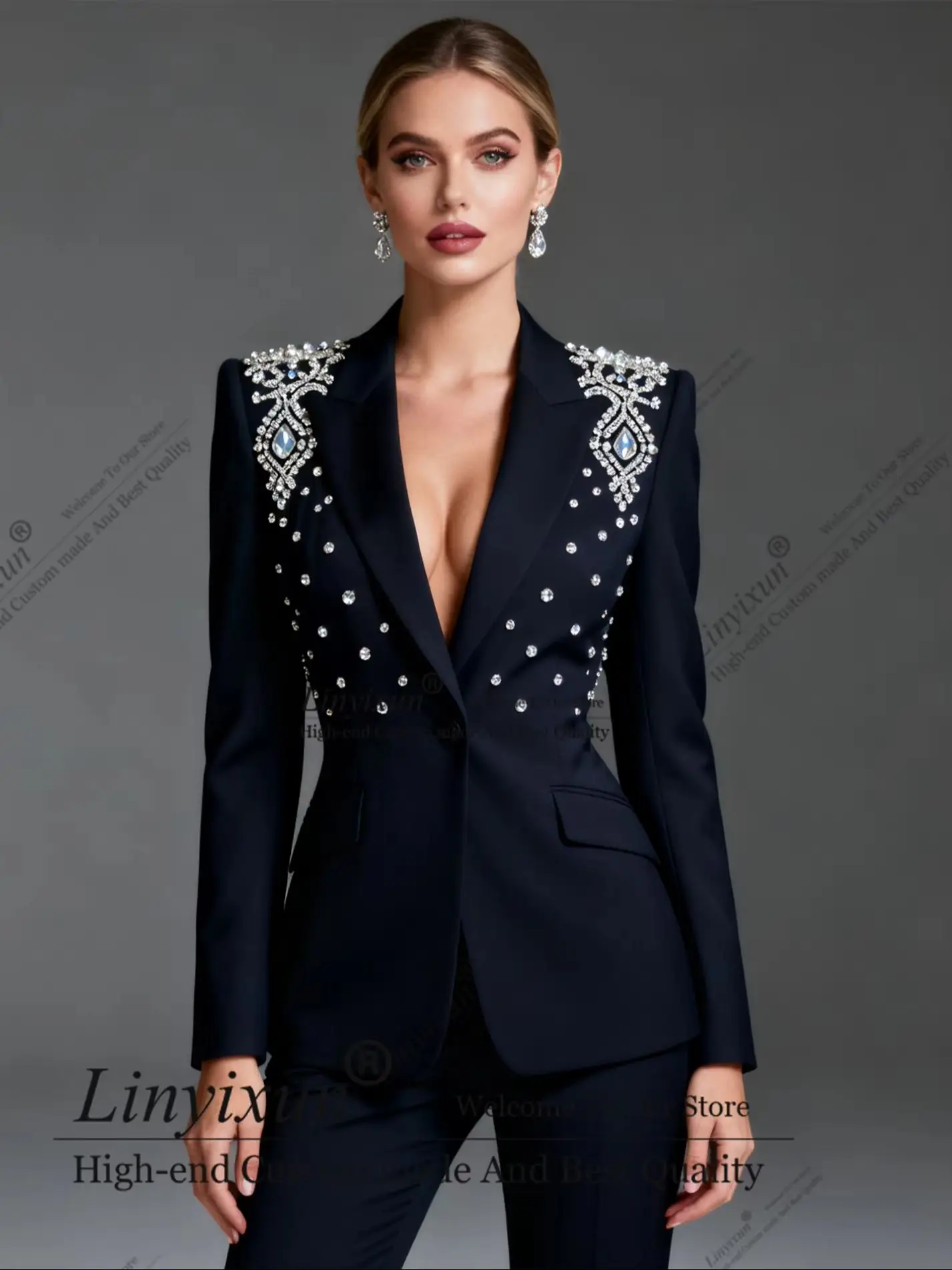 Fashion Crystals Rhinestone Women Suits Sets 2 Piece Fashion Customized Peaked Lapel Outfits Shiny Casual Chic Female Suit
