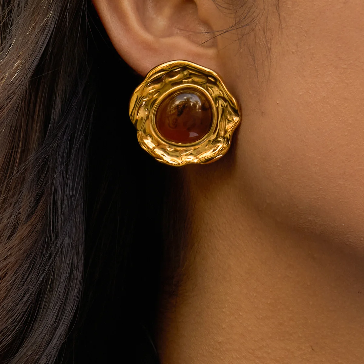 Ars Vintage Agate Stone Earrings For Women No Tarnish 18K Gold Plated Stainless Steel Stud Earring Round Square Chunky Ear Studs