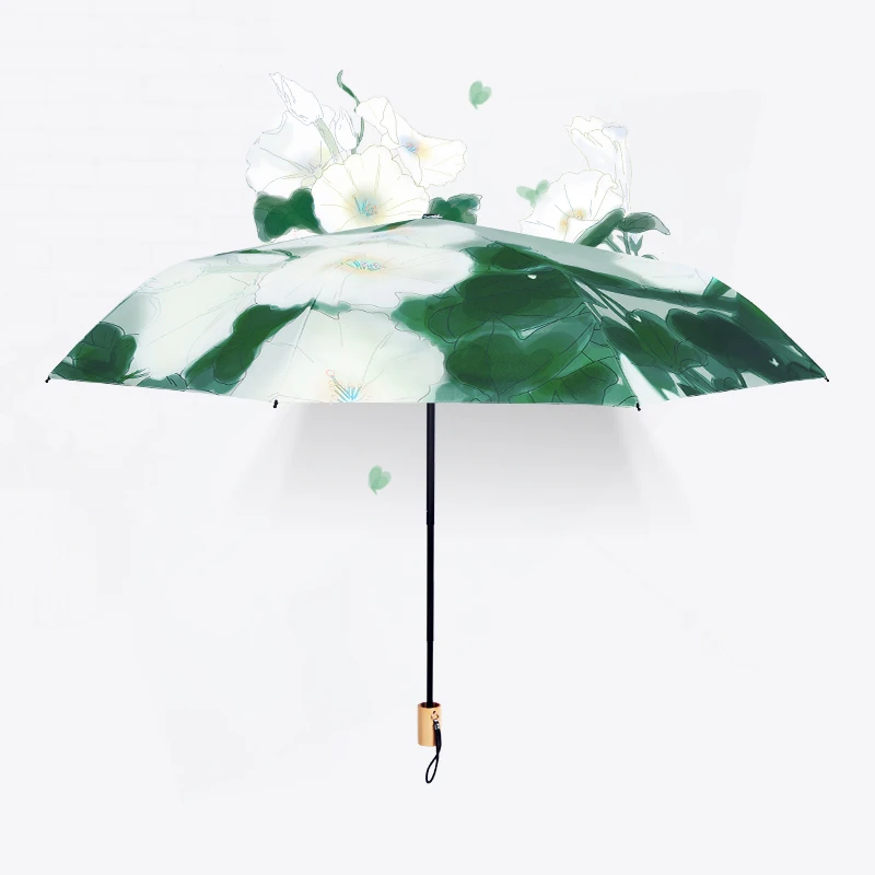 

Butterfly & Flower Design Wooden Handle Folding Umbrella Portable UV Protection Rainproof Sturdy Light Outdoor Essential Parasol