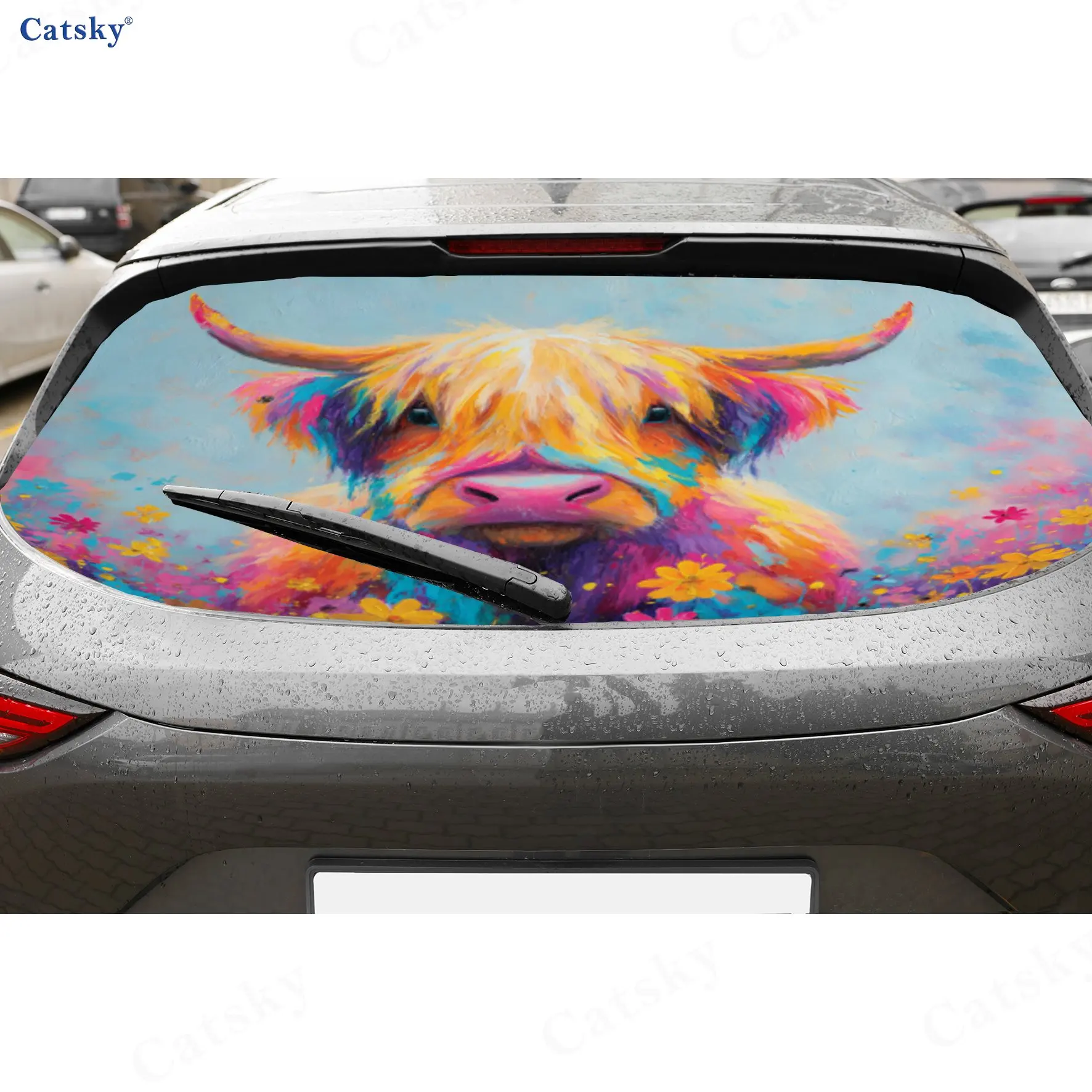 Flowers And Highland Cattle PVC Perforated Car Vinyl Wrap, Privacy Enhancing Design For Rear Window, Car Rear Windshield Sticker