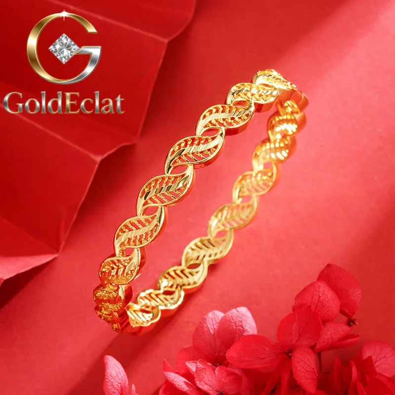 

GoldEclat Luxury 24K 9999 Pure Gold real gold Women's Leaf Bracelet Hollow Twist Buckle Bracelet