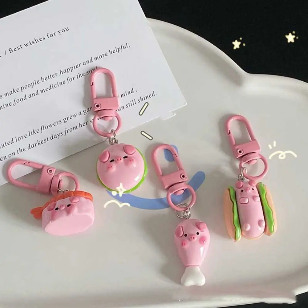 Creative Gourmet Pink Pig Metal Keychain Pink Pig Small Hamburger Pig Animal Keyring Cute Elegant Pig Food Keychain Key Ring