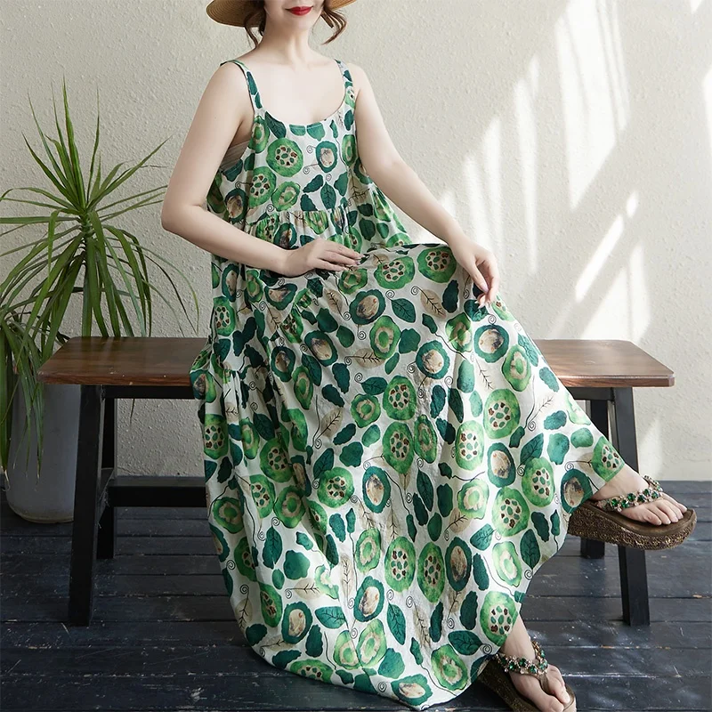 Letnia Nowa Sukienka z Bawełny i Lnu z Nadrukiem, Cienka, Łączona, Długa, na Ramiączkach, Luźna, Wyszczuplająca, Spódnica typu Cake, z Wysokim Stanem, Sukienka do Pracy, Elegancka