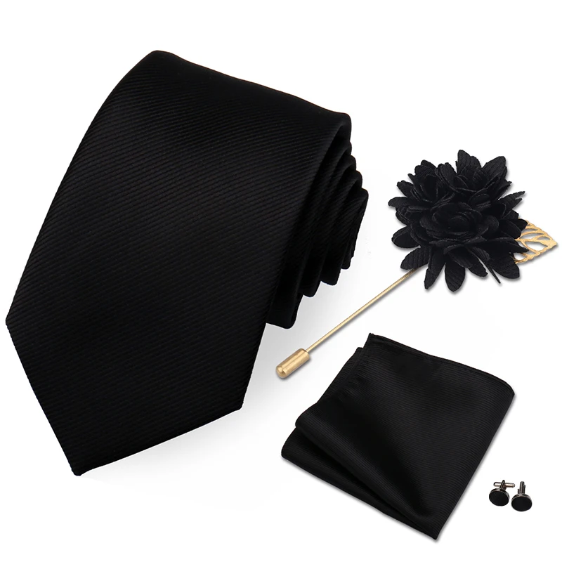 Ensemble de cravates monochromes pour hommes, cadeau de mariage, mouchoir, broche, boutons de manchette, accessoires pour hommes, haute qualité, 100%