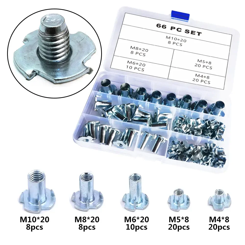 66/75pcs Galvanized Four-jaw T-nut M3-M10 Thread Insert Nuts For Climbing Brackets And Cabinet Woodworking Furniture