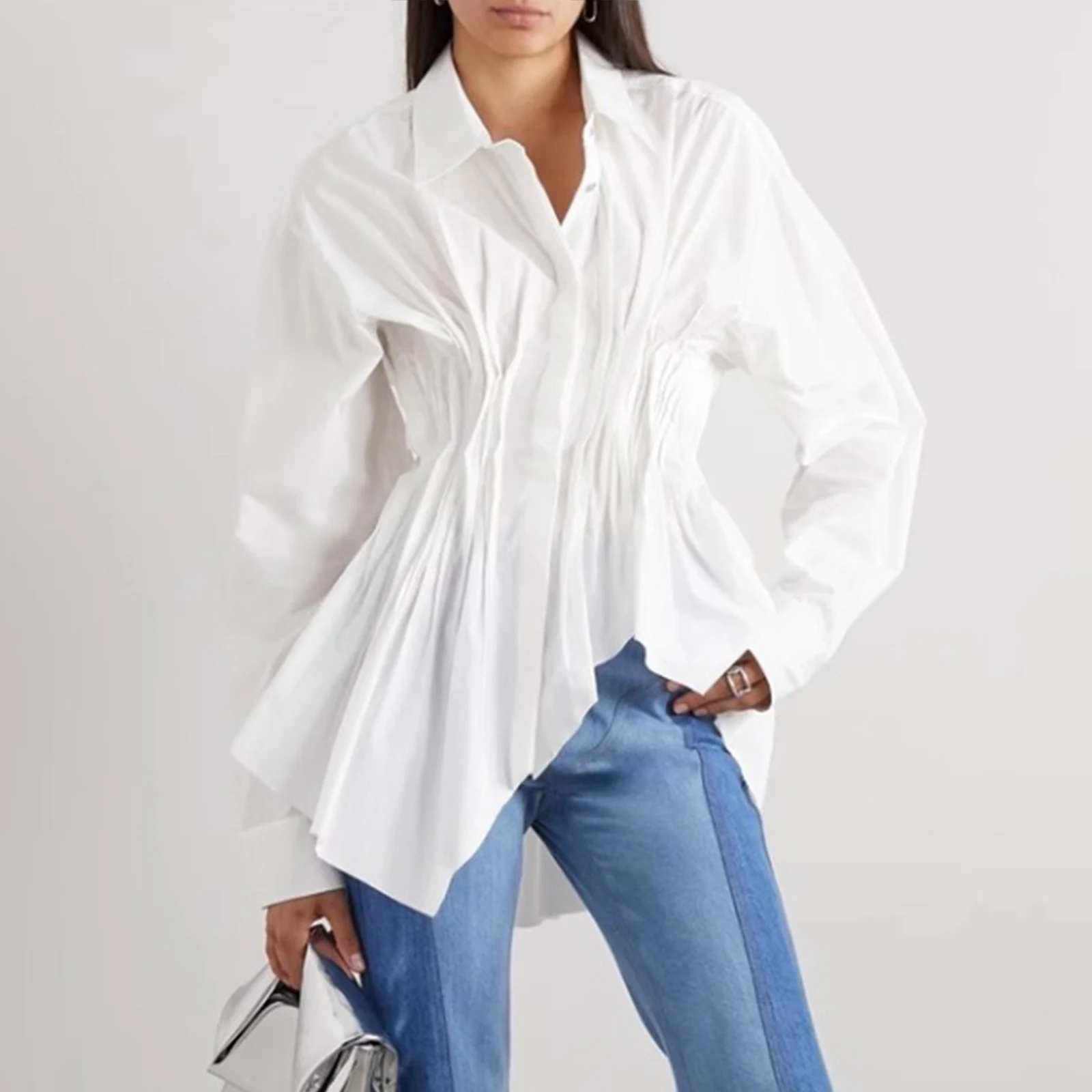 

OLOEY Fashionable High-Class Women'S Shirt With Lapel Covered Button Waist Long Sleeves Irregular Fishtail Hem Shirt