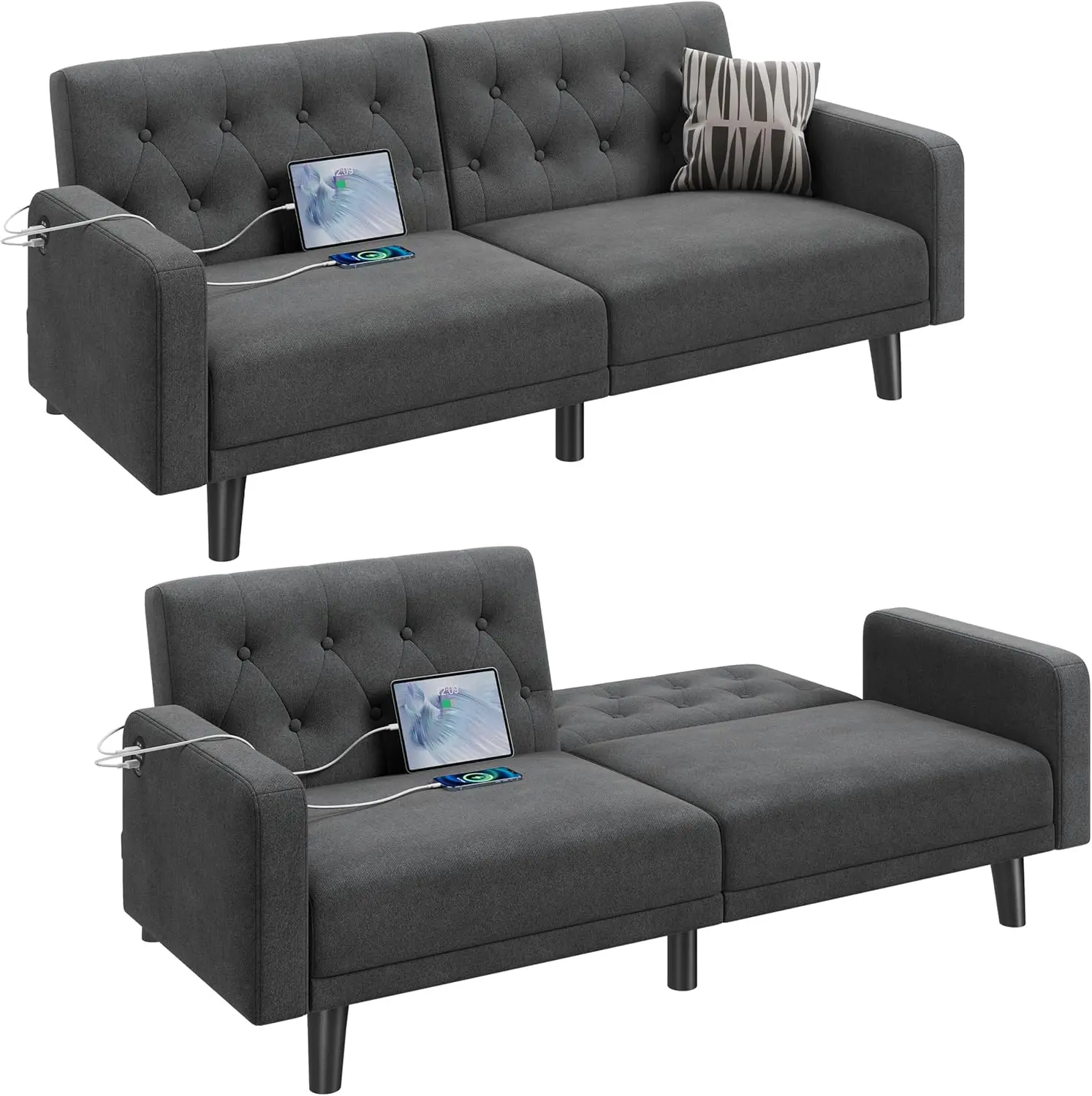 

63" Convertible Couch Small Futon Sofa Bed with 2 USB Ports, Reclining Backrest & Removable Armrests, Mid Century Modern