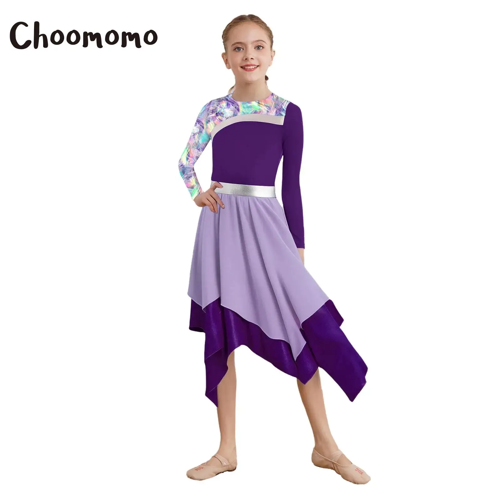 

Girls Long Sleeve Metallic Printed Liturgical Praise Dance Dress Worship Church Choir Performance Costume Ballet Lyrical Dresses