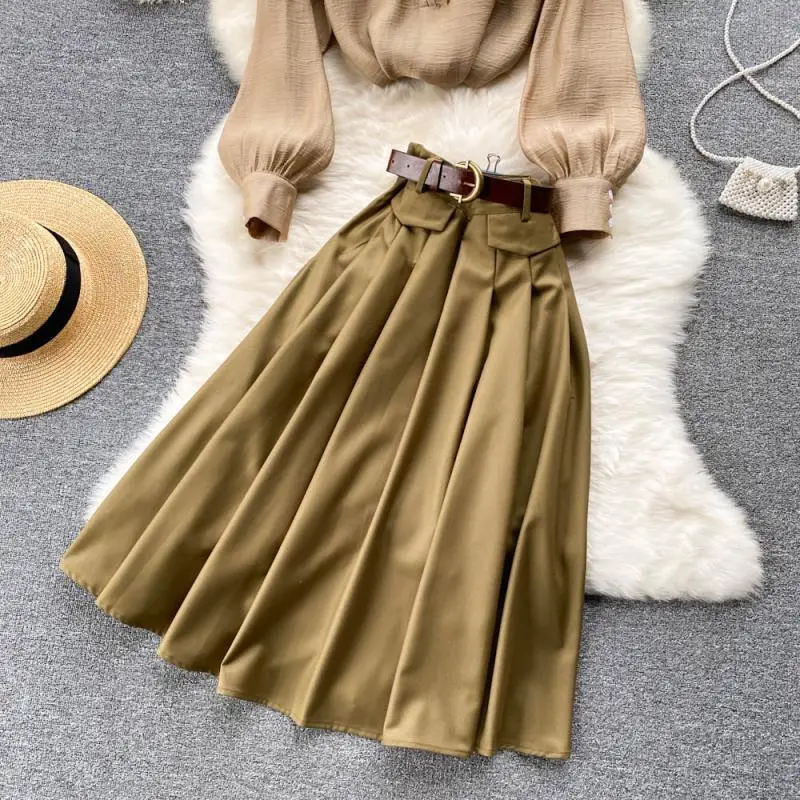 Herfst Nieuwe Dameskleding Retro Zachte Stijl Franse Shirt Rok Pendelen Elegant Temperament Mode Set Tweedelige Rok Set