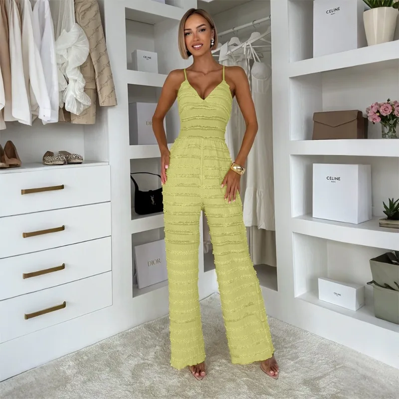 

GUWU Women Spaghetti Strap V-neck Wide Leg Backless Jumpsuits 2025 Summer Vacation Beach Romper Playsuit One Piece Set Outfits