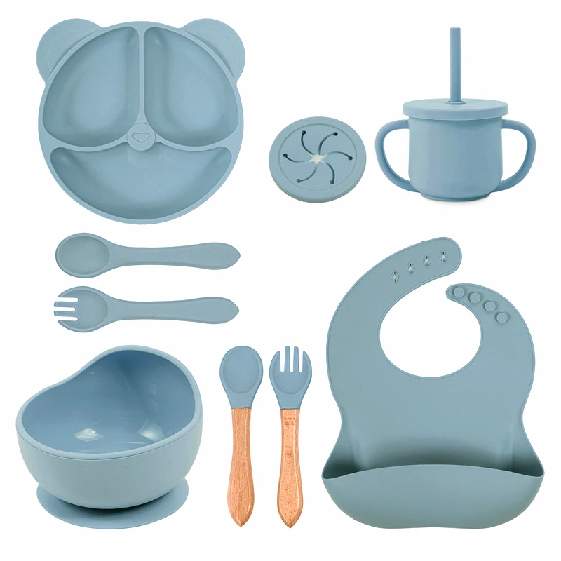 8PCS Baby Silicone Food Dishe Children's Three-partition Plate Kids Cutlery Bowl Straw Cup Spoon Fork Set Self-Feeding Tableware