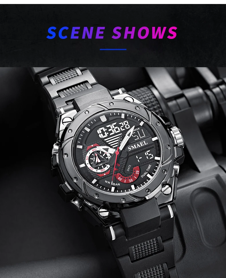 SMAEL Sport Quartz Watches LED DisplayShock Resistant 50M Waterproof Alarm Clock Analog Digitals 8060 For Men S2c9e339cba904963937caa1696fb06dfm