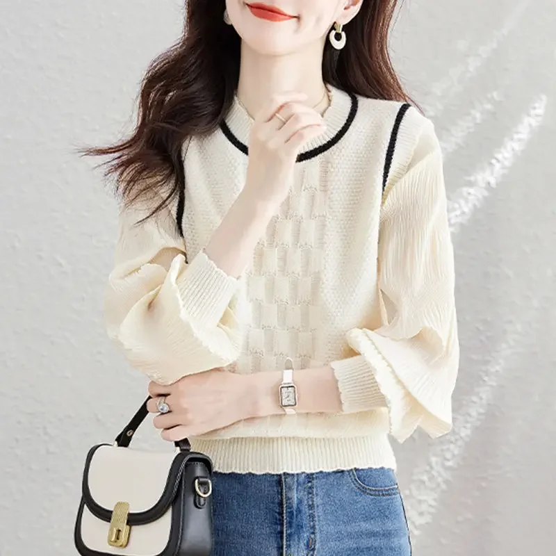 

Casual Solid Color Knitted Shirt Spring Autumn Two Pieces Korean Folds Loose Spliced Women's Bright Line Decoration Blouse LU364