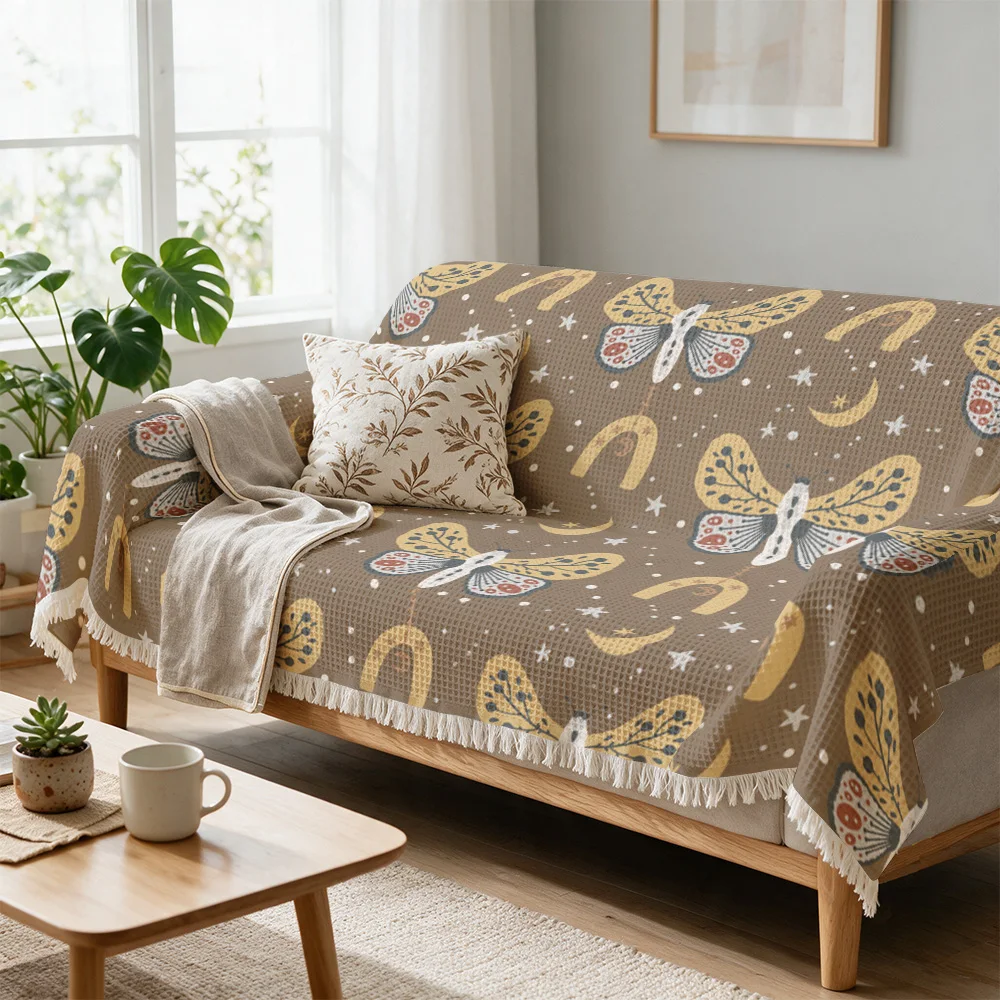 Elegant Boho Butterfly Moon Pattern Throw Blanket for Sofa Couch Accent Decor Living Room Home Textile