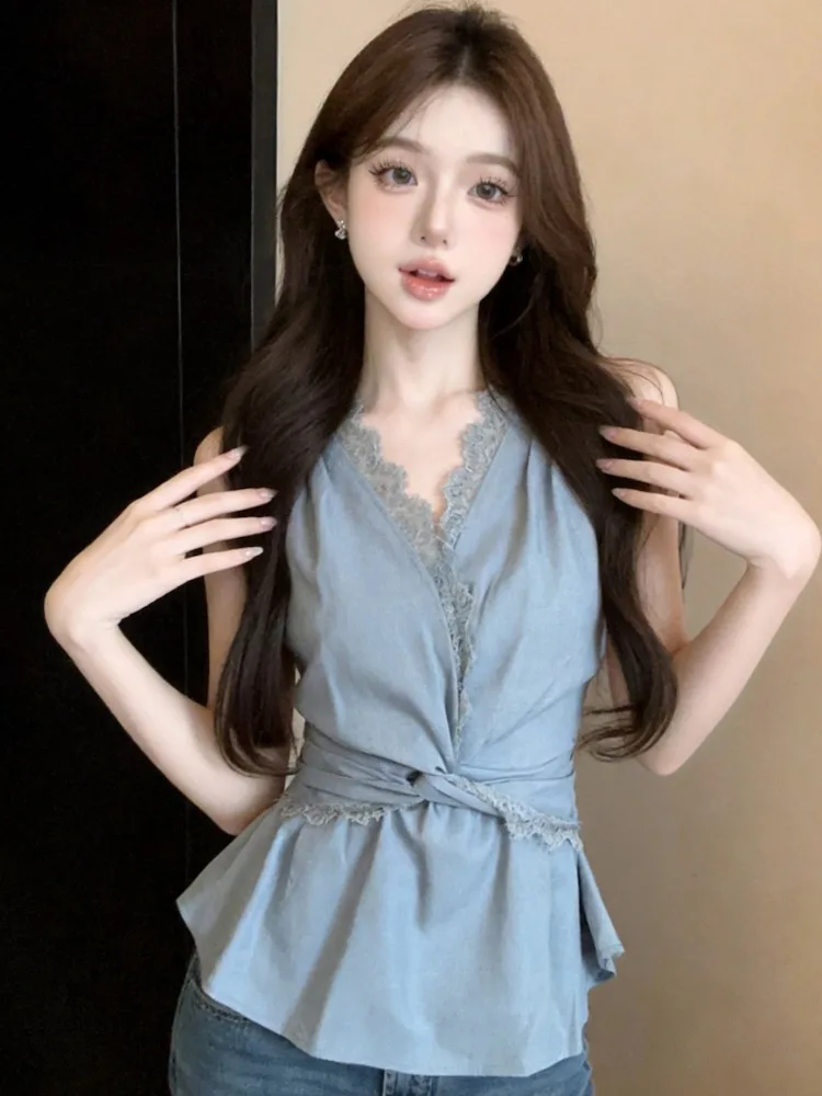 

Elegant Lace Trim Knot V-Neck Sleeveless Vest Women's Summer Fashion Versatile Waist-Cinching Top Outerwear Citywalk