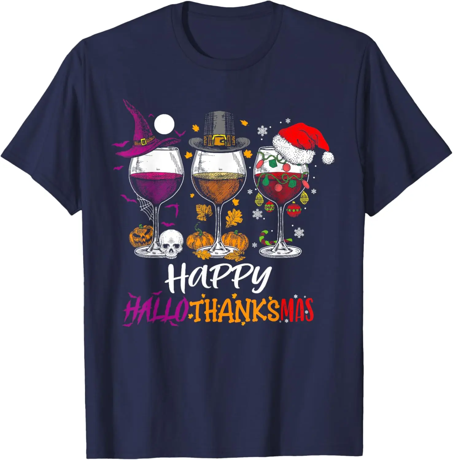 Trick or Treat Happy Hallothanksmas Halloween Wine Witch Thanksgiving Christmas T-Shirt Halloween Costume Graphic Tshirts