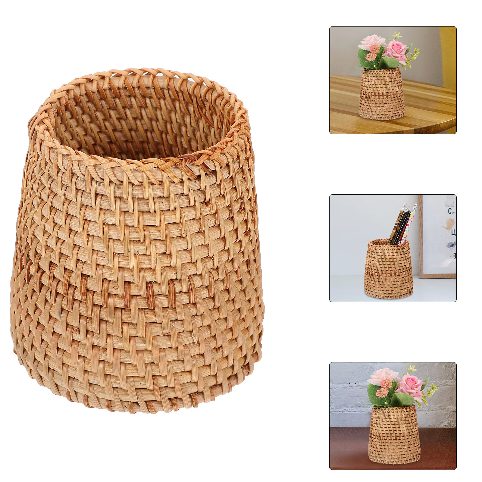 

1Pcs Wooden Woven Pen Holder Basket Multi Functional Desk Organizer for Small Items Storage Beautiful Home Decoration Sundries