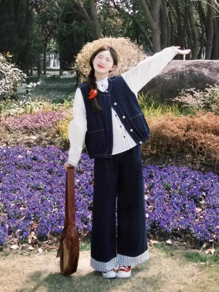 

plus Size Women's Vintage Sle Tee-Piece Set with irt Vest Wide Leg Jeans High Waist Knot Casual Faion