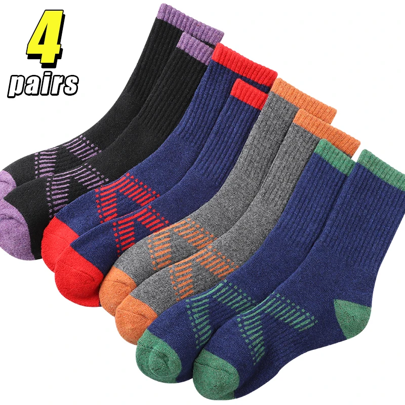 4 Paar Woll-Sportsocken, gemütliche, elastische, weiche Damensocken, Winter- und Herbst-Thermo-Socken mit mittlerer Wade, Wandern, Outdoor-Sportsocken