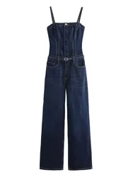 KAOPU ZA Women with belt open back denim jumpsuit vintage straight-neck thin straps wide-leg female playsuits mujer